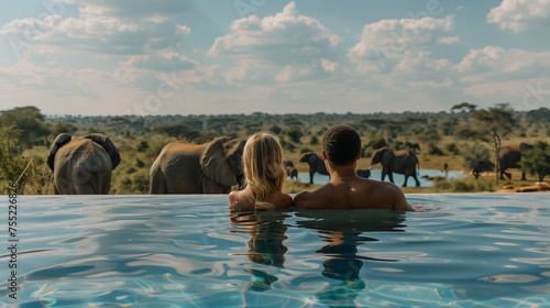 A couple in a swimming pool within the background African Elephants in the savanna in Africa, a safari camp, and a luxury lodge pool in the bush in South Africa, luxury safari photo