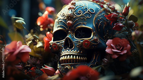 3d human skull with flowers, generative ai