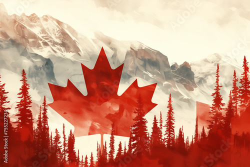 canadian flag amongst mountains and trees