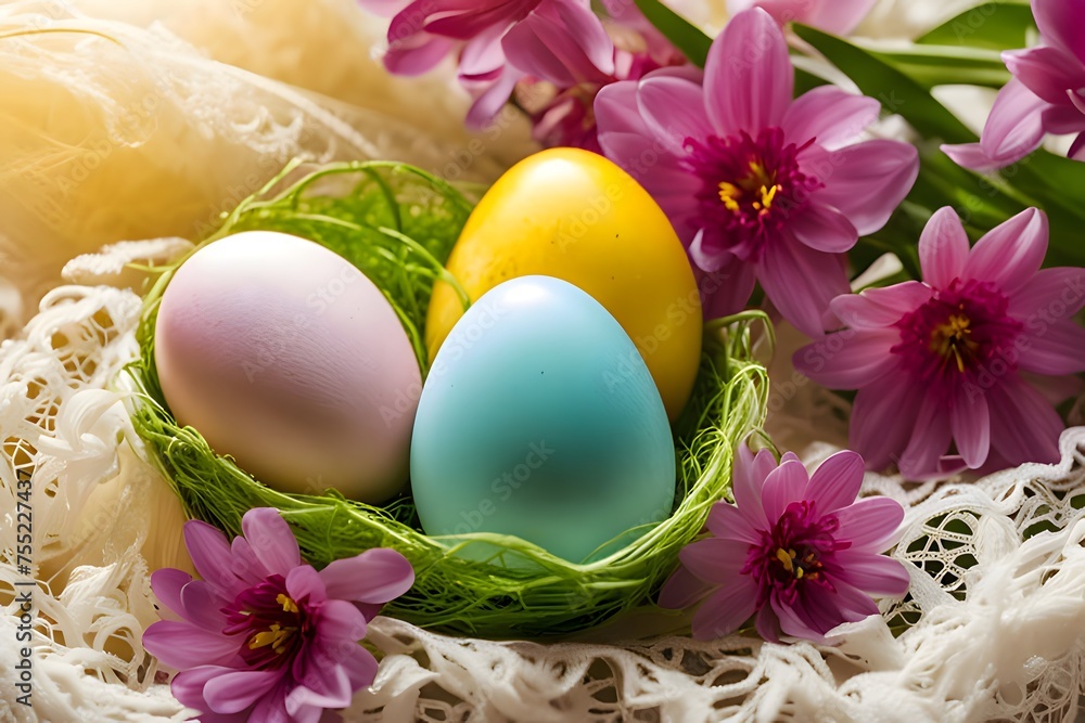 easter eggs and flowers v16. Capture the joy and renewal of Easter morning, with a colorful arrangement of eggs nestled in a bed of fresh spring flowers. generative AI easter eggs and flowers v16. Capture the joy and renewal of Easter morning, with a colorful arrangement of eggs nestled in a bed of fresh spring flowers. generative AI