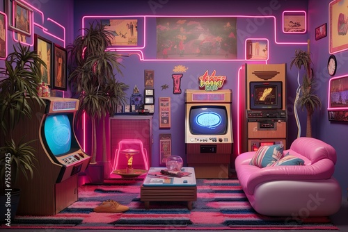 Retro 80s Arcade Living Room Ideas: Vibrant Wall Decals and 80s Nostalgia D�cor photo