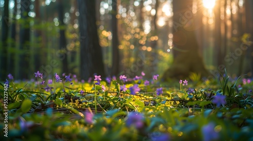 Low angle forest view with first spring flowers blooming , spring background with copy space 
