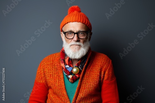 Portrait of an old man with a long white beard and mustache in a bright orange sweater and hat.