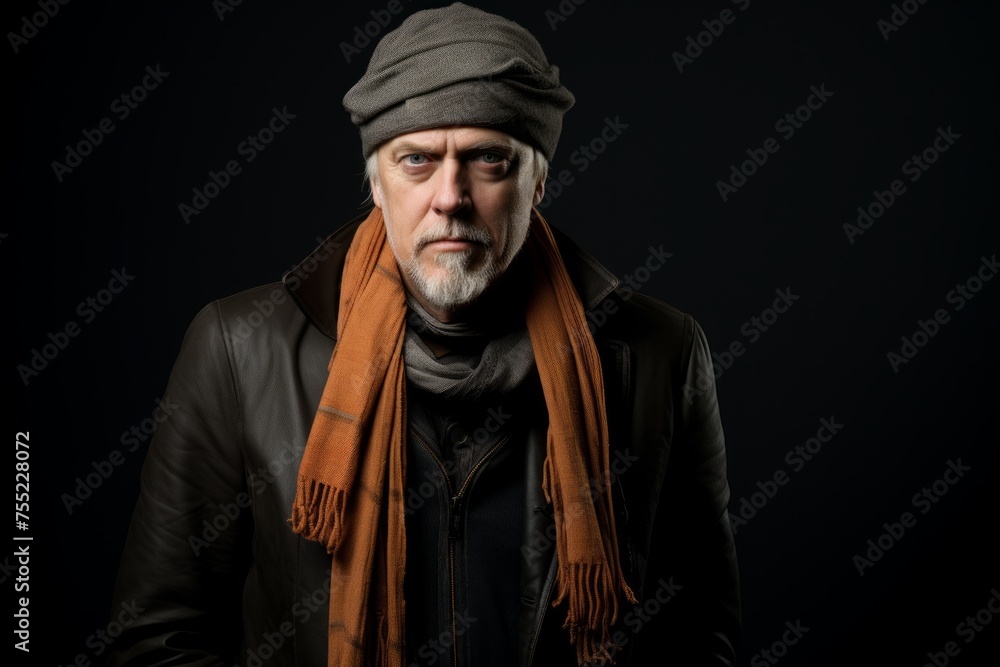 Portrait of a senior man with a gray beard wearing a hat and scarf on a black background.