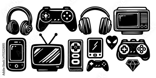 Game video console gamer control vintage doodle vector set. Game computer joystick gamer control doodle set