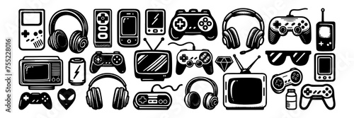 Game video console gamer control vintage doodle vector set. Game computer joystick gamer control doodle set