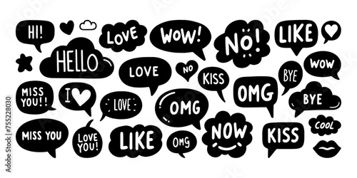 Speech talk comic balloon cloud doodle vector set. Speech talk dialog cartoon word doodle set