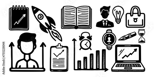 Business sketch idea doodle vector set. Business creative brainstorm financial doodle vector set