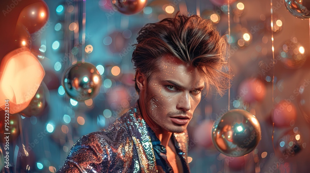 Naklejka premium Handsome man dancing on retro disco party concept background
