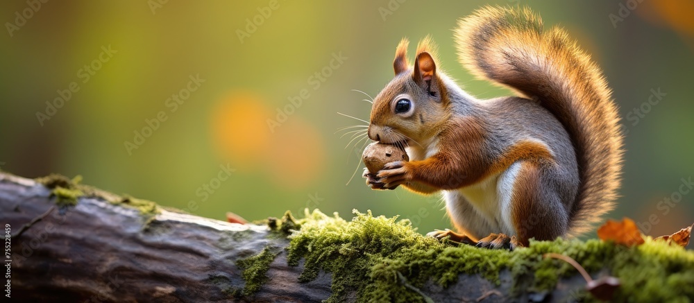 A red squirrel, a terrestrial animal, is perched on a mossy log eating a nut. Its whiskers twitch as it nibbles, while its tail fluffs up in excitement A red squirrel, a terrestrial animal, is perched on a mossy log eating a nut. Its whiskers twitch as it nibbles, while its tail fluffs up in excitement