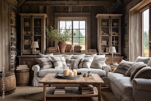 Country Charm: Rustic Farmhouse Living Room Inspiration with Distressed Wood and Warm Tones