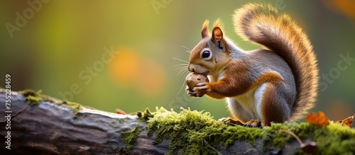A red squirrel  a terrestrial animal  is perched on a mossy log eating a nut. Its whiskers twitch as it nibbles  while its tail fluffs up in excitement