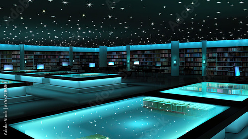 A futuristic library with glowing blue lights reflective floors bookshelves and starry ceiling evoking a tranquil hightech ambiance © woret