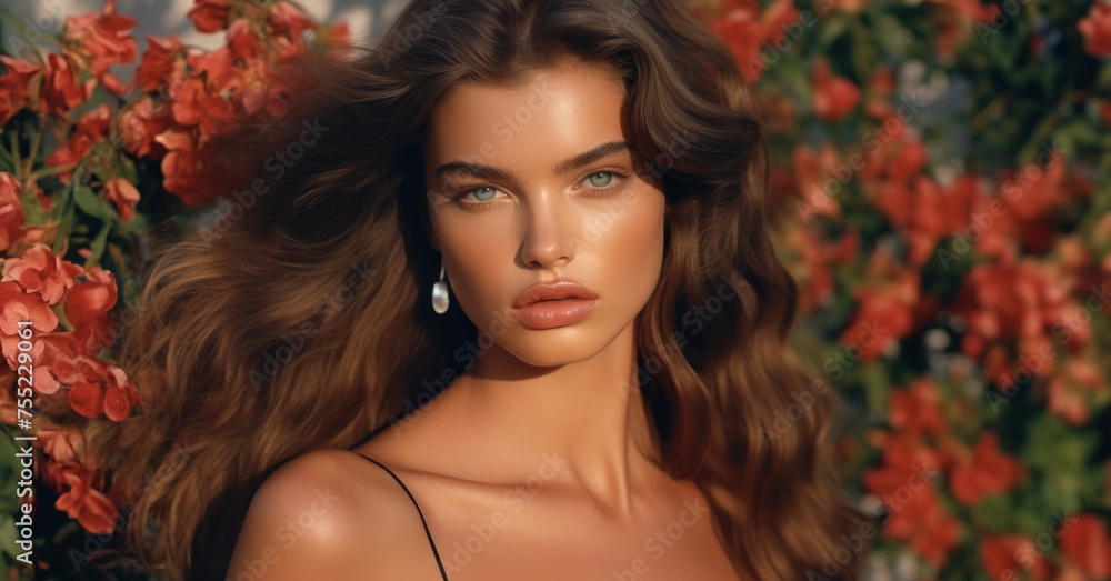 close up of beautiful tanned brunette woman with classical symmetric face old money aesthetic for hair beauty magazine commercial editorial natural beauty cinematic film style close up of beautiful tanned brunette woman with classical symmetric face old money aesthetic for hair beauty magazine commercial editorial natural beauty cinematic film style