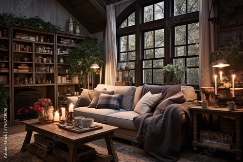 Vintage Furniture Bliss: Rustic Farmhouse Living Room Ideas with Warm Lighting © Michael