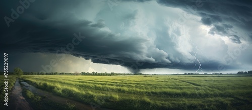A tornado is tearing through the rural area, causing destruction in the natural landscape with lightning flashing in the sky and dark clouds covering the atmosphere