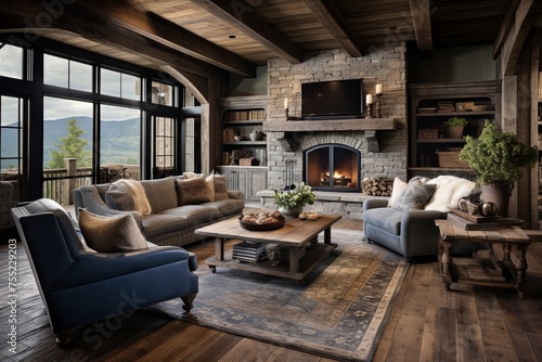 Rustic Lakeside Cabin Living Room Decor: Distressed Wood Flooring & Elegance