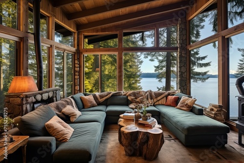 Large Windows Lake View: Rustic Lakeside Cabin Living Room Decor © Michael
