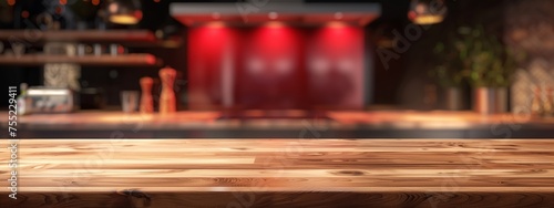 A hardwood table sits in front of a blurred bar scene. The warm wood complements the entertainment setting  creating a cozy atmosphere for events and performances