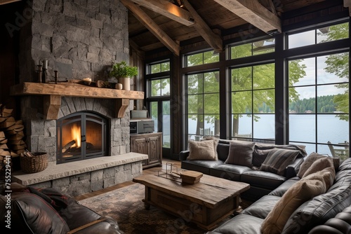 Rustic Lakeside Cabin Living Room: Wooden Beams & Charm