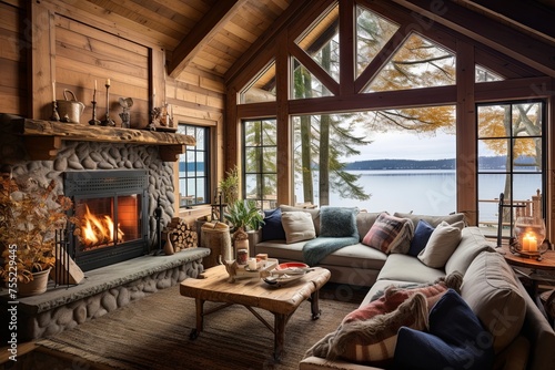 Rustic Lakeside Cabin Living Room - Charm of Wooden Beams and Cabin Decor © Michael