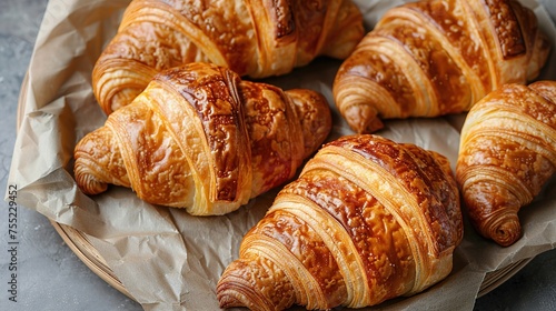 Tasty croissants with spikelets on grey wooden background