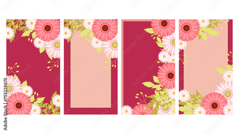 Obraz premium ピンク色の春の花のイラストフレーム、縦型