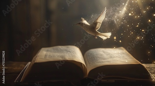Open magic book with flying bird wallpaper background © Irina