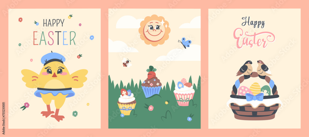 Easter cards set. Greeting posters with painted egg, basket, chick, cake. Cute chicken with wishes Happy Easter. Spring birds, green garden with festive cupcakes. Vector flat cartoon illustrations