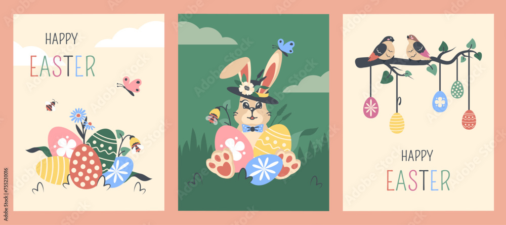 Set of Easter cards. Greeting background with traditional festive elements. Easter bunny in hat. Spring birds sit on branch decorated with Easter eggs. Color text. Vector hand drawn illustration