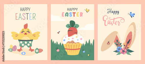 Easter posters set. Easter cake with carrot in green fresh garden. Funny chick with wishes. Bunny ears with colorful flowers, painted eggs, cartoon lettering. Spring holiday. Vector flat illustration