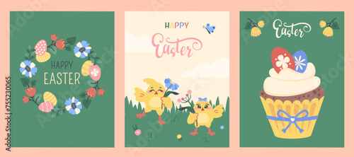 Set of Easter posters. Greeting cards with decorated eggs, Easter cake, cute chickens. Funny little chickes with wishes. Spring holiday, flowers, green garden. Clipart. Vector flat illustration