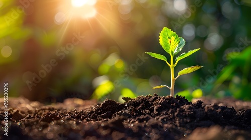 New growth sprout , seedling life growing in the garden dirt. Sunny weather.