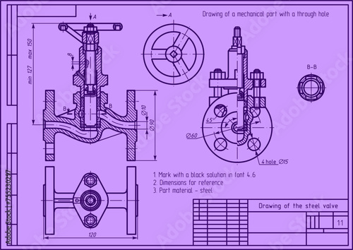 Vector drawing of a steel cast mechanical part with through holes
and dimension lines.
Engineering cad scheme. Technical template of valve. Cross section.