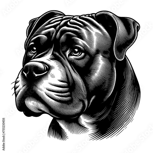 American Bully dog portrait. Hand Drawn Pen and Ink. Vector Isolated in White. Engraving vintage style illustration for print, tattoo, t-shirt, sticker	