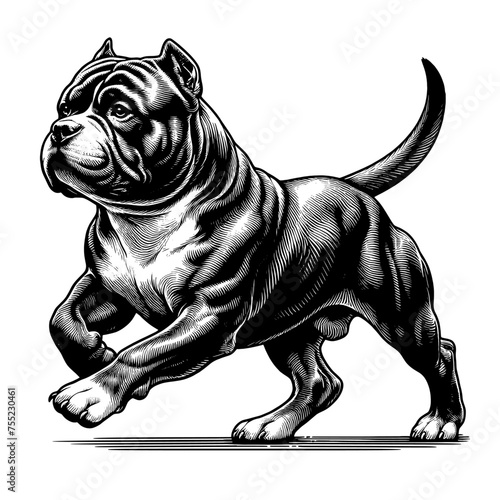 Full-lenght American Bully dog running. Hand Drawn Pen and Ink. Vector Isolated in White. Engraving vintage style illustration for print, tattoo, t-shirt, sticker	