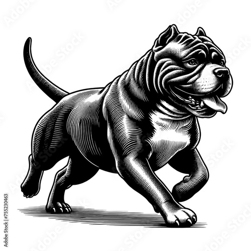Full-lenght American Bully dog running. Hand Drawn Pen and Ink. Vector Isolated in White. Engraving vintage style illustration for print, tattoo, t-shirt, sticker	