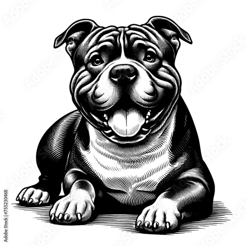 Full-lenght American Bully dog laying down. Hand Drawn Pen and Ink. Vector Isolated in White. Engraving vintage style illustration for print, tattoo, t-shirt, sticker	