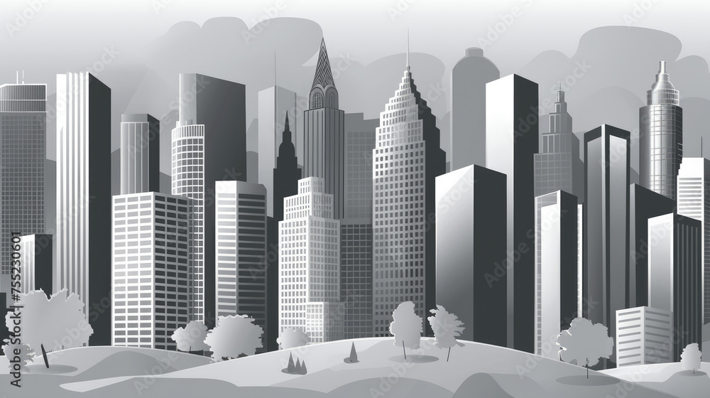 Monochrome illustration of a dense modern cityscape with skyscrapers urban skyline and stylized clouds in the background