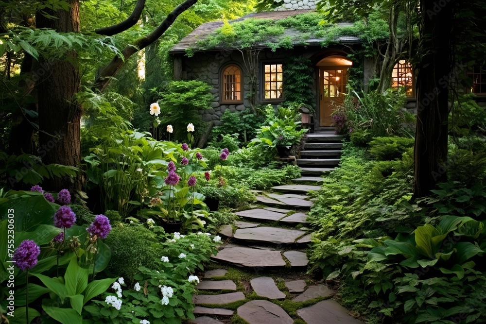 Stone Pathway Meandering through Secret Garden Patio Designs: A Lush Retreat