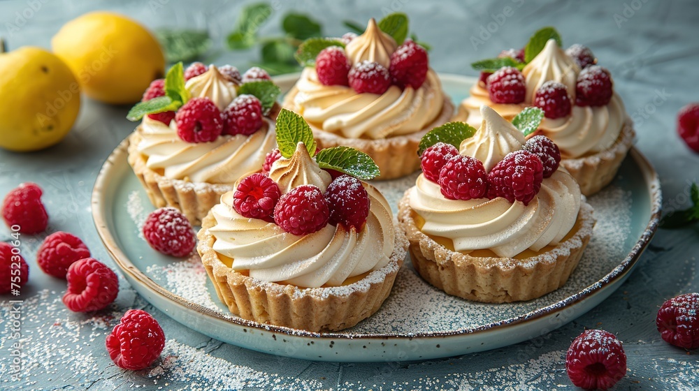 Delicious lemon and raspberry tartlets with meringue on a white vintage plate. Delicious lemon and raspberry tartlets with meringue on a white vintage plate.