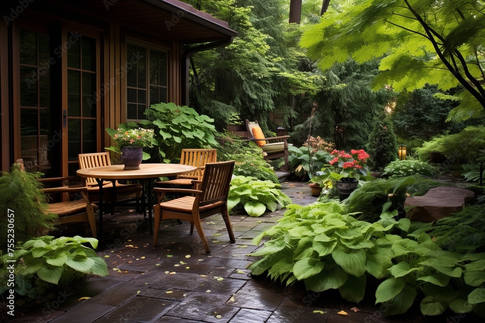 Fototapeta premium Secret Garden Magic: Tranquil Patio Designs with Lush Plantings and a Hidden Hideaway