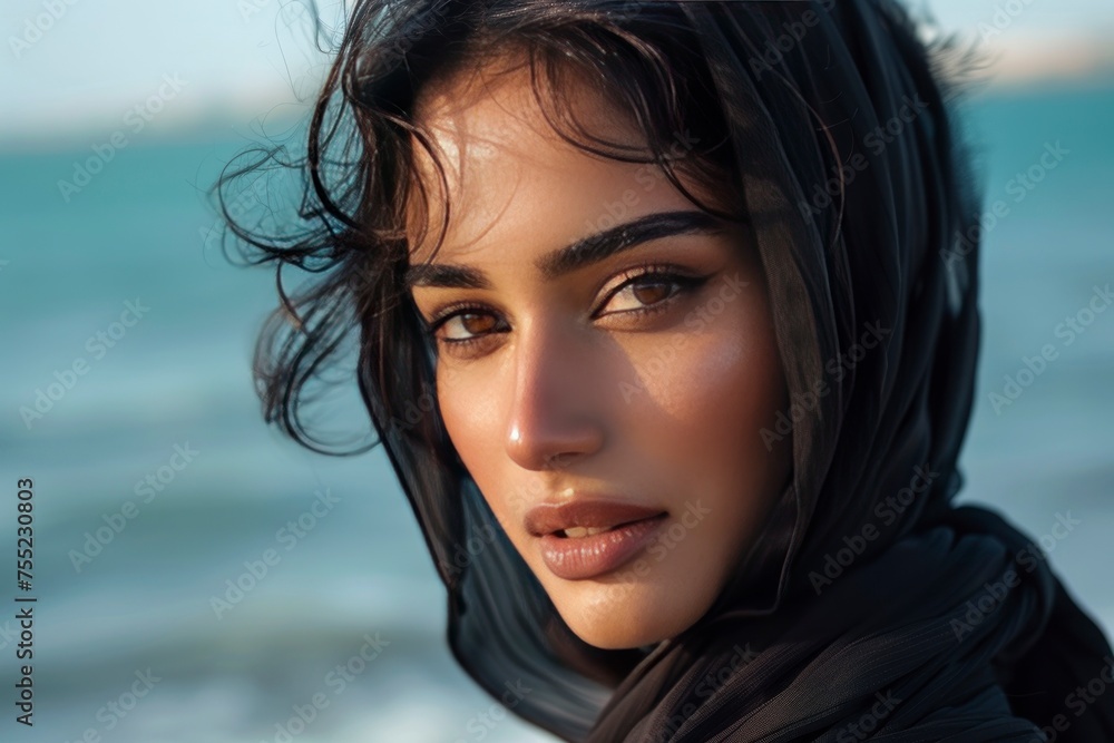 Beautiful arab saudi woman face posing on the beach with the sea in the background, copy space - generative ai Beautiful arab saudi woman face posing on the beach with the sea in the background, copy space - generative ai