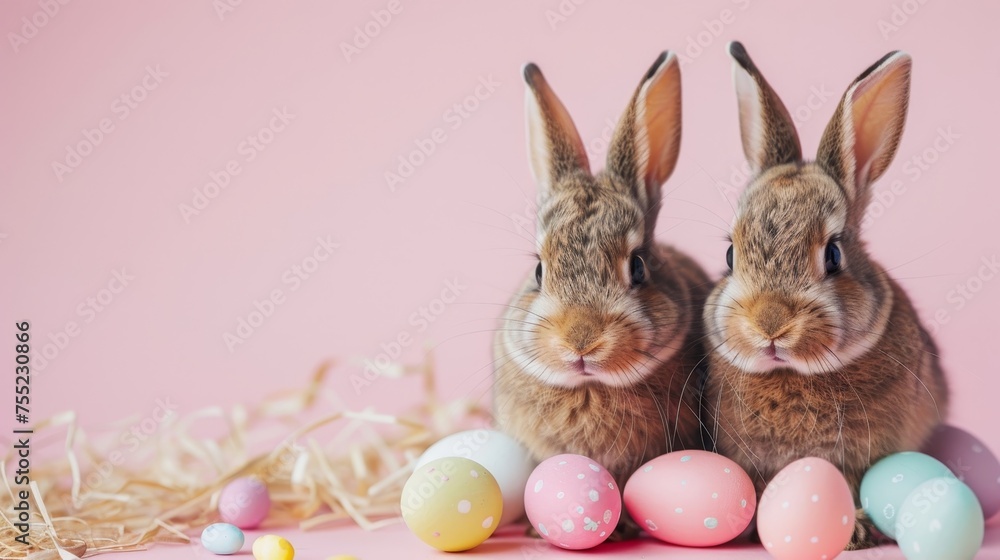 Easter holiday. Two Bunny with easter eggs on pastel soft background