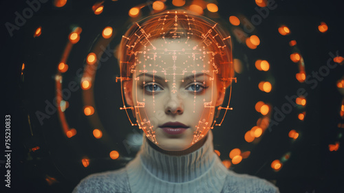 A surreal, futuristic portrait of a woman with LEDs being projected around her face. Advancements in technoligy and virtual reality. photo