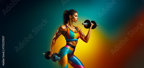 Profile view of Isolated woman posing with weights in colourful gym clothes