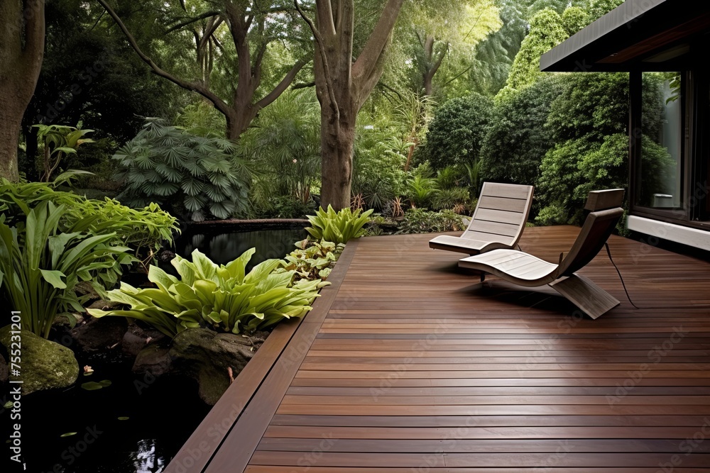 Serene Koi Pond Garden: Wooden Deck Retreat