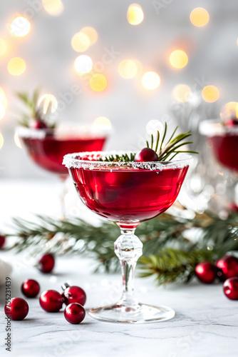 christmas cocktails with festive decor sugar crust mulled wine warm cider for thanksgiving with fairy lights and bokeh background in professional setting with white space