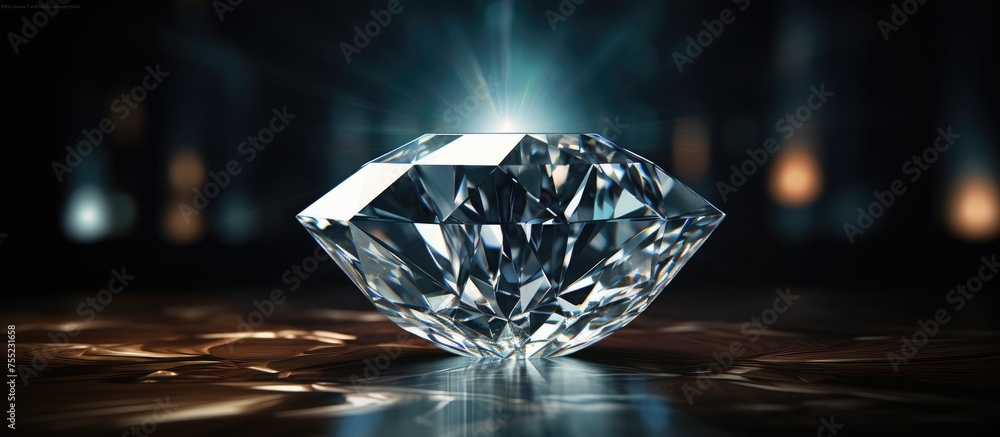 A large, sparkling diamond rests atop a wooden table, catching the light and radiating brilliance in a simple yet striking display. A large, sparkling diamond rests atop a wooden table, catching the light and radiating brilliance in a simple yet striking display.