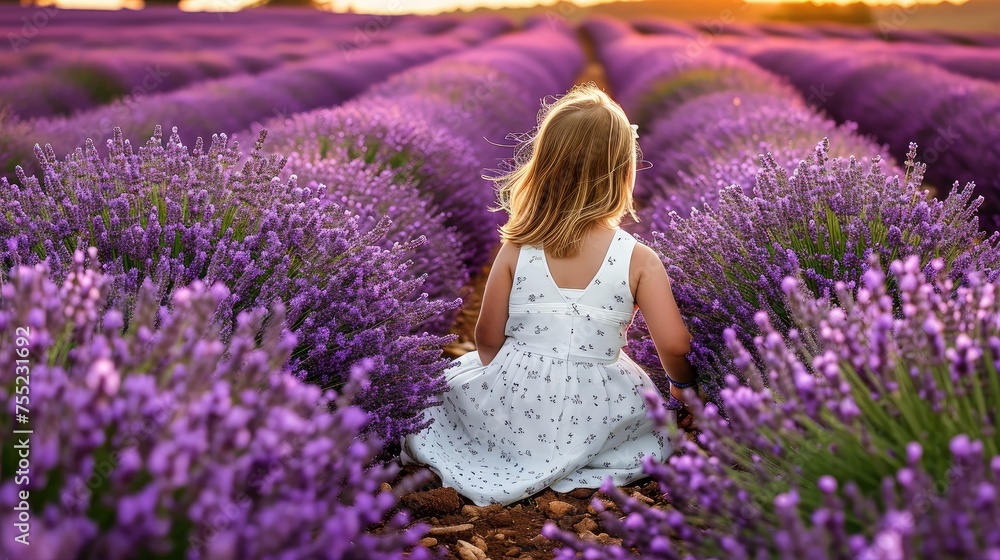 A happy girl admires the sunset in a lavender field under the colorful sky A happy girl admires the sunset in a lavender field under the colorful sky